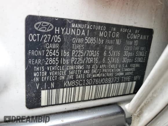 2006 Hyundai Santa Fe GLS z VIN KM8SC13D76U089373, wystawiony jako Copart lot #67720484 z przebiegiem 140 219 mil mil oraz Nie do naprawy • Non repairable. Historia ofert i sprzedaży dostępna na DreamBid. Obrazek 12.