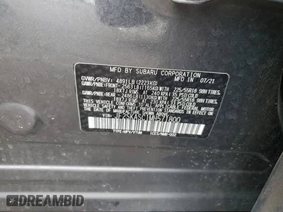 2021 Subaru Forester Limited with VIN JF2SKASC1MH571800, listed as a Copart auction lot 84799485 with Not provided miles and Salvage title. Bid and sale history available at DreamBid. Image 13.