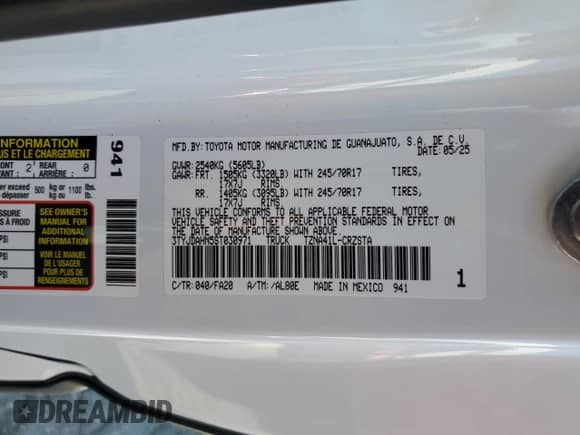 2025 Toyota Tacoma SR with VIN 3TYJDAHN5ST030971, listed as a Copart auction lot 71118815 with 189 mi miles and Salvage title. Bid and sale history available at DreamBid. Image 12.