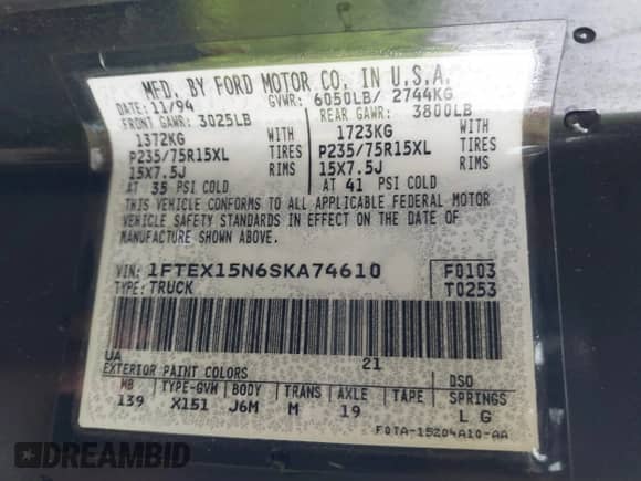 1995 Ford F-150 with VIN 1FTEX15N6SKA74610, listed as a IAAI auction lot 41805541 with Not provided miles and . Bid and sale history available at DreamBid. Image 9.