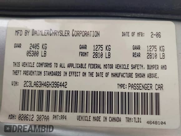 2006 Chrysler 300 C with VIN 2C3LA63H46H396442, listed as a IAAI auction lot 43040051 with 136,196 mi miles and . Bid and sale history available at DreamBid. Image 9.