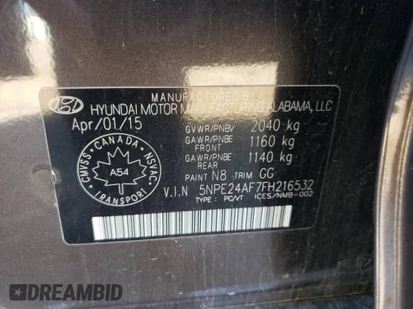 2015 Hyundai Sonata SE with VIN 5NPE24AF7FH216532, listed as a Copart auction lot 85644655 with 391,496 mi miles and Clean title. Bid and sale history available at DreamBid. Image 12.