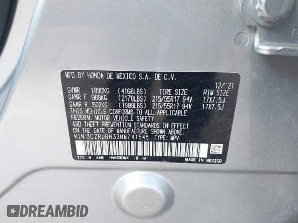 2022 Honda HR-V LX с VIN 3CZRU6H33NM741545, выставлен на аукционе IAAI как лот 43138865 с пробегом 3 934 миль миль и . История ставок и продаж доступна на DreamBid. Изображение 9.