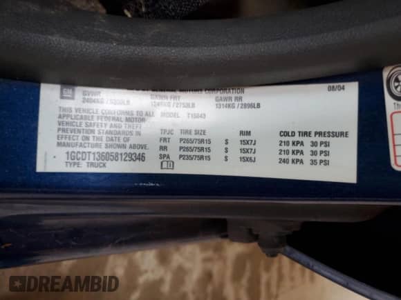2005 Chevrolet Colorado 1SE LS Z71 with VIN 1GCDT136058129346, listed as a Copart auction lot 84462355 with 247,045 mi miles and Non repairable. Bid and sale history available at DreamBid. Image 12.