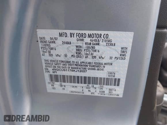 2008 Mercury Mariner with VIN 4M2CU91178KJ12057, listed as a IAAI auction lot 42358190 with 100,000 mi miles and . Bid and sale history available at DreamBid. Image 9.