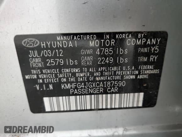 2012 Hyundai Azera с VIN KMHFG4JGXCA187590, выставлен на аукционе Copart как лот 76209704 с пробегом Не указан миль и Списание • Salvage title. История ставок и продаж доступна на DreamBid. Изображение 12.