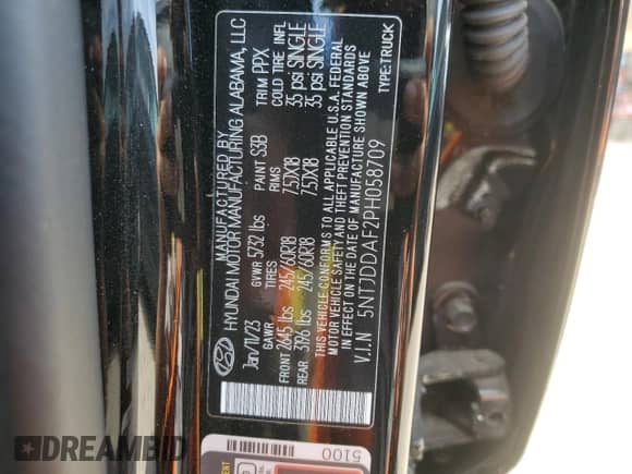 2023 Hyundai Santa Cruz SEL Premium with VIN 5NTJDDAF2PH058709, listed as a Copart auction lot 70005104 with 12,872 mi miles and Salvage title. Bid and sale history available at DreamBid. Image 12.