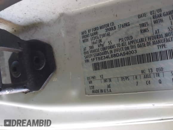 2008 Ford Econoline Cargo Commercial with VIN 1FTSE34L68DA94003, listed as a IAAI auction lot 41325916 with 217,837 mi miles and . Bid and sale history available at DreamBid. Image 9.