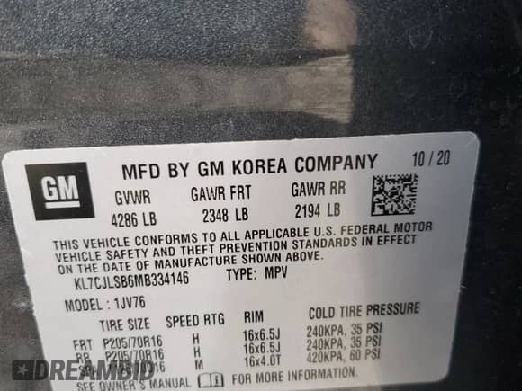 2021 Chevrolet Trax LT with VIN KL7CJLSB6MB334146, listed as a Copart auction lot 84420345 with 68,576 mi miles and Salvage title. Bid and sale history available at DreamBid. Image 13.