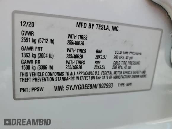 2021 Tesla Model Y Long Range with VIN 5YJYGDEE8MF092993, listed as a Copart auction lot 81125165 with 47,072 mi miles and Non repairable. Bid and sale history available at DreamBid. Image 12.