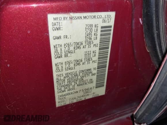 2017 Nissan Frontier SV with VIN 1N6AD0ER2HN759647, listed as a IAAI auction lot 43454909 with 145,132 mi miles and . Bid and sale history available at DreamBid. Image 9.