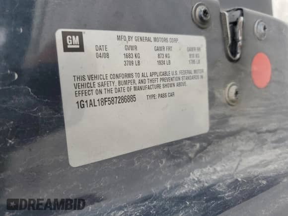 2008 Chevrolet Cobalt LT z VIN 1G1AL18F587286885, wystawiony jako Copart lot #68162935 z przebiegiem 158 799 mil mil oraz Szkoda całkowita • Salvage title. Historia ofert i sprzedaży dostępna na DreamBid. Obrazek 13.