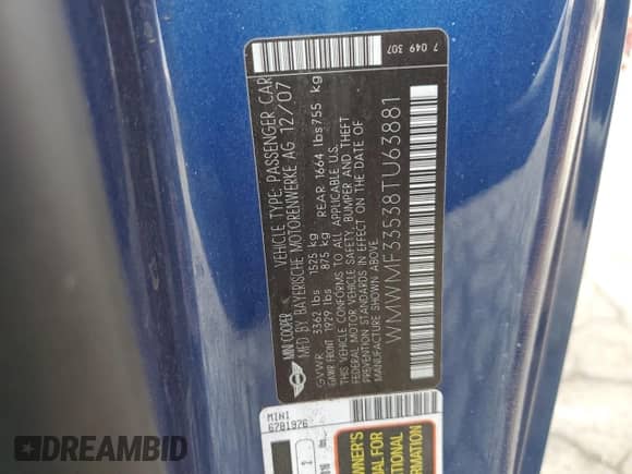 2008 MINI Hardtop with VIN WMWMF33538TU63881, listed as a Copart auction lot 50844225 with 80,475 mi miles and Salvage title. Bid and sale history available at DreamBid. Image 14.