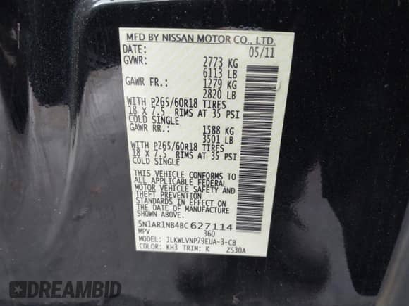 2011 Nissan Pathfinder LE z VIN 5N1AR1NB4BC627114, wystawiony jako IAAI lot #42713940 z przebiegiem 192 036 mil mil oraz . Historia ofert i sprzedaży dostępna na DreamBid. Obrazek 9.