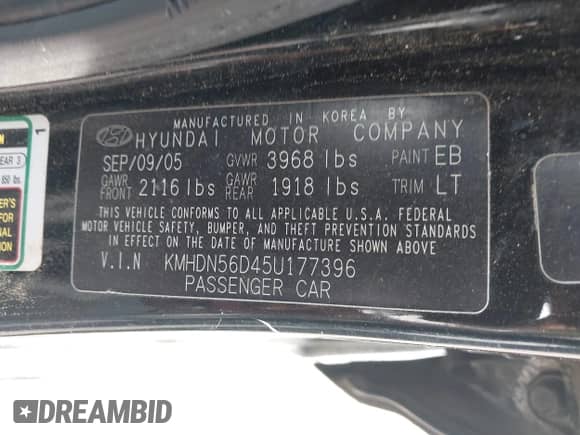 2005 Hyundai Elantra GLS z VIN KMHDN56D45U177396, wystawiony jako IAAI lot #42374961 z przebiegiem 175 765 mil mil oraz . Historia ofert i sprzedaży dostępna na DreamBid. Obrazek 9.