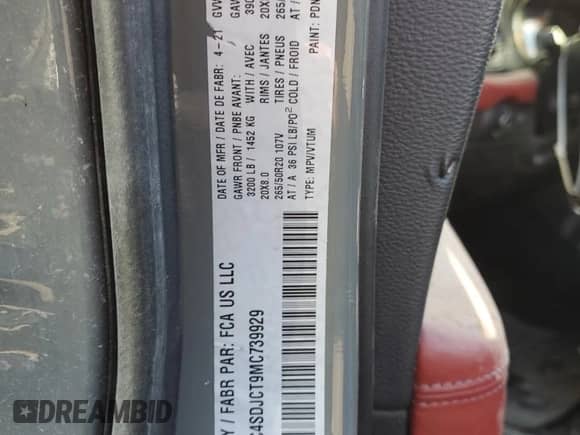 2021 Dodge Durango R/T with VIN 1C4SDJCT9MC739929, listed as a Copart auction lot 86997685 with Not provided miles and Clean title. Bid and sale history available at DreamBid. Image 13.