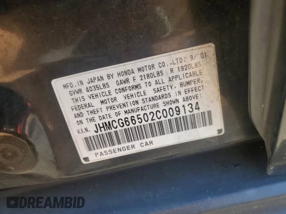 2002 Honda Accord LX with VIN JHMCG66502C009134, listed as a Copart auction lot 66456985 with 155,943 mi miles and Salvage title. Bid and sale history available at DreamBid. Image 12.