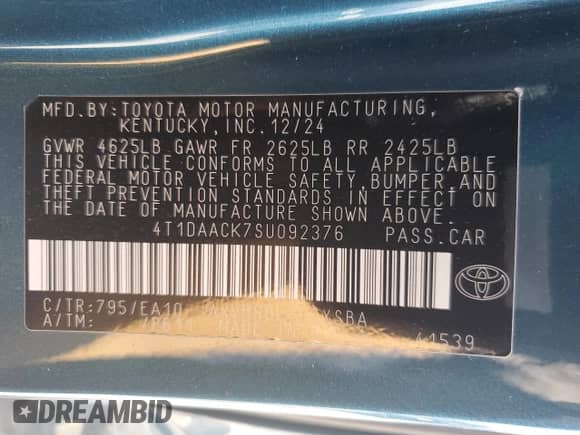 2025 Toyota Camry LE с VIN 4T1DAACK7SU092376, выставлен на аукционе Copart как лот 71074965 с пробегом 30 695 миль миль и Списание • Salvage title. История ставок и продаж доступна на DreamBid. Изображение 12.