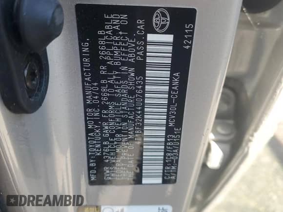 2004 Toyota Camry LE with VIN 4T1BF32K44U076435, listed as a Copart auction lot 72024175 with 227,167 mi miles and Salvage title. Bid and sale history available at DreamBid. Image 12.