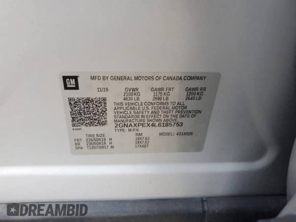 2020 Chevrolet Equinox Premier with VIN 2GNAXPEX4L6185753, listed as a Copart auction lot 62583375 with 64,724 mi miles and Salvage title. Bid and sale history available at DreamBid. Image 13.