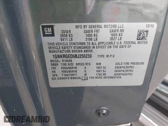 2011 Chevrolet Traverse 1LT с VIN 1GNKRGED9BJ256239, выставлен на аукционе IAAI как лот 43001524 с пробегом 118 112 миль миль и . История ставок и продаж доступна на DreamBid. Изображение 9.