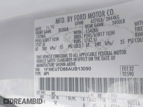 2010 Ford Explorer with VIN 1FMEU7D88AUB13090, listed as a IAAI auction lot 42364672 with 158,973 mi miles and . Bid and sale history available at DreamBid. Image 9.