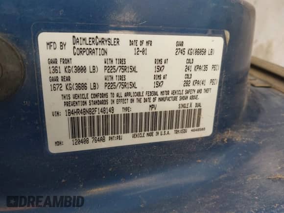 2002 Dodge Durango SLT with VIN 1B4HR48N82F148149, listed as a IAAI auction lot 41729679 with 140,185 mi miles and . Bid and sale history available at DreamBid. Image 9.