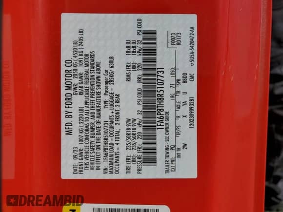 2024 Ford Mustang EcoBoost с VIN 1FA6P8TH8R5107731, выставлен на аукционе Copart как лот 84730045 с пробегом 38 607 миль миль и На запчасти • Non repairable. История ставок и продаж доступна на DreamBid. Изображение 13.