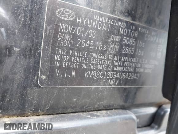 2004 Hyundai Santa Fe GLS with VIN KM8SC13D94U642943, listed as a IAAI auction lot 42657825 with 137,095 mi miles and . Bid and sale history available at DreamBid. Image 9.
