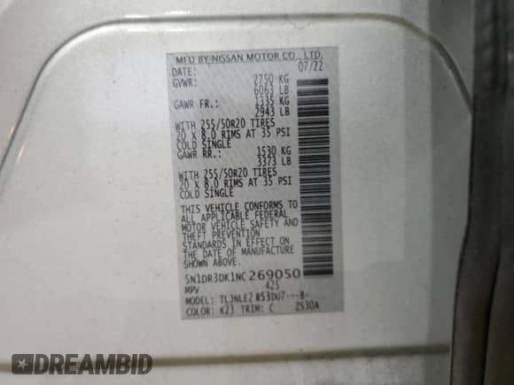 2022 Nissan Pathfinder Platinum with VIN 5N1DR3DK1NC269050, listed as a Copart auction lot 60607195 with 42,952 mi miles and Salvage title. Bid and sale history available at DreamBid. Image 14.