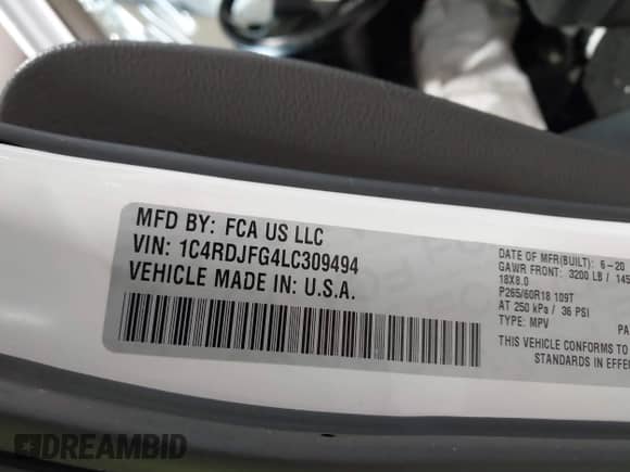 2020 Dodge Durango Pursuit with VIN 1C4RDJFG4LC309494, listed as a IAAI auction lot 41835668 with Not provided miles and . Bid and sale history available at DreamBid. Image 9.
