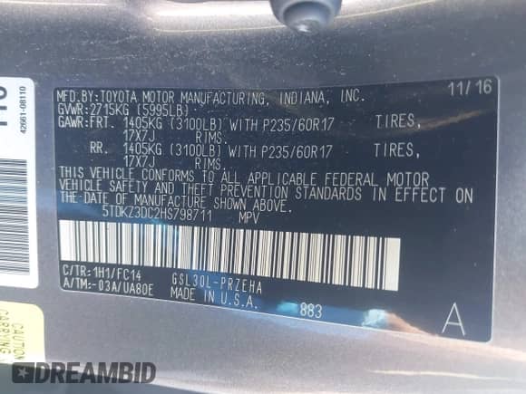 2017 Toyota Sienna LE Auto Access Seat с VIN 5TDKZ3DC2HS798711, выставлен на аукционе IAAI как лот 43044072 с пробегом 204 909 миль миль и . История ставок и продаж доступна на DreamBid. Изображение 9.