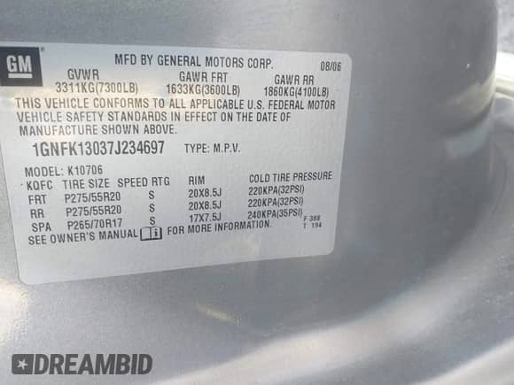 2007 Chevrolet Tahoe LT с VIN 1GNFK13037J234697, выставлен на аукционе IAAI как лот 42145068 с пробегом 135 978 миль миль и . История ставок и продаж доступна на DreamBid. Изображение 9.