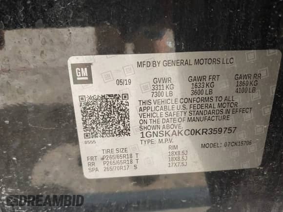 2019 Chevrolet Tahoe LS with VIN 1GNSKAKC0KR359757, listed as a IAAI auction lot 42696398 with Not provided miles and . Bid and sale history available at DreamBid. Image 9.