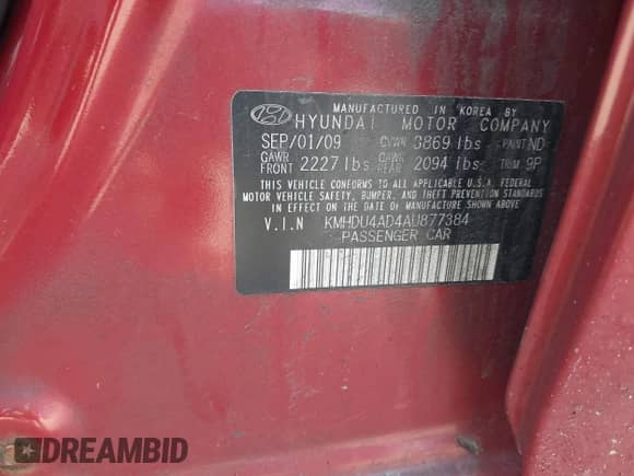 2010 Hyundai Elantra SE with VIN KMHDU4AD4AU877384, listed as a IAAI auction lot 42660945 with 157,202 mi miles and . Bid and sale history available at DreamBid. Image 9.