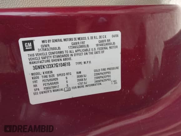 2007 Chevrolet Avalanche 3LT with VIN 3GNEK123X7G104618, listed as a IAAI auction lot 42704030 with Not provided miles and . Bid and sale history available at DreamBid. Image 9.