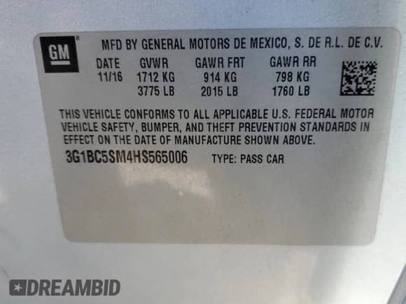 2017 Chevrolet Cruze LS z VIN 3G1BC5SM4HS565006, wystawiony jako Copart lot #85113385 z przebiegiem 60 458 mil mil oraz Szkoda całkowita • Salvage title. Historia ofert i sprzedaży dostępna na DreamBid. Obrazek 12.