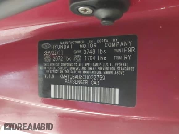 2012 Hyundai Veloster w/Black Int с VIN KMHTC6AD8CU032759, выставлен на аукционе IAAI как лот 41567265 с пробегом 156 973 миль миль и . История ставок и продаж доступна на DreamBid. Изображение 9.