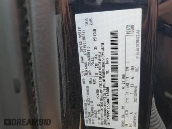 2021 Ford F-150 King Ranch с VIN 1FTFW1E55MKE15909, выставлен на аукционе Copart как лот 81203935 с пробегом 61 558 миль миль и Списание • Salvage title. История ставок и продаж доступна на DreamBid. Изображение 12.