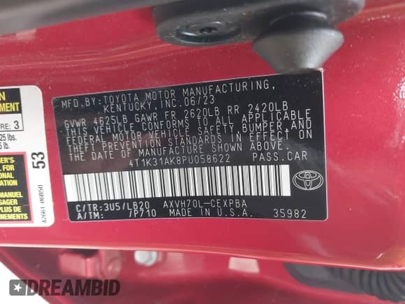 2023 Toyota Camry Hybrid XSE с VIN 4T1K31AK8PU058622, выставлен на аукционе IAAI как лот 42650561 с пробегом 2 456 миль миль и . История ставок и продаж доступна на DreamBid. Изображение 9.