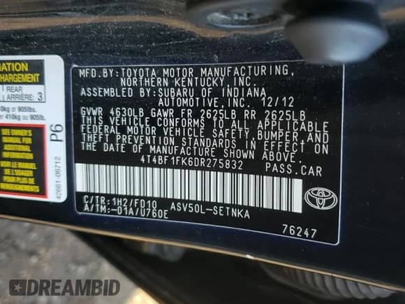 2013 Toyota Camry L with VIN 4T4BF1FK6DR275832, listed as a Copart auction lot 87275245 with 110,117 mi miles and Salvage title. Bid and sale history available at DreamBid. Image 13.