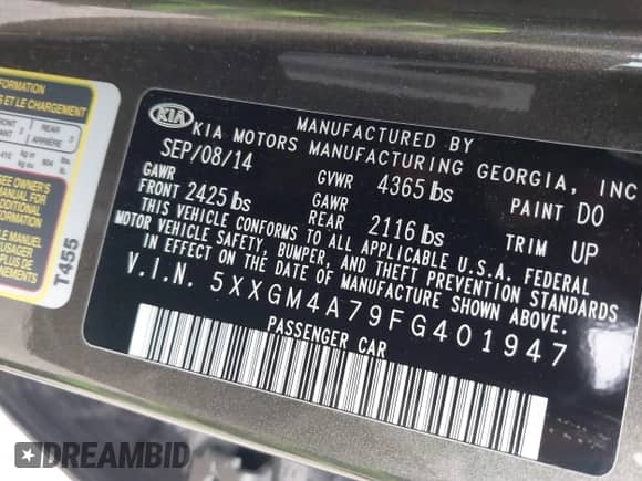 2015 Kia Optima LX with VIN 5XXGM4A79FG401947, listed as a IAAI auction lot 43375048 with 96,885 mi miles and . Bid and sale history available at DreamBid. Image 9.