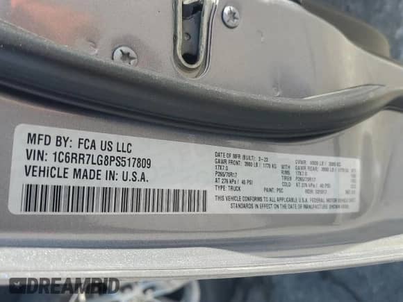 2023 Ram 1500 SLT с VIN 1C6RR7LG8PS517809, выставлен на аукционе Copart как лот 63989305 с пробегом 46 986 миль миль и Списание • Salvage title. История ставок и продаж доступна на DreamBid. Изображение 12.