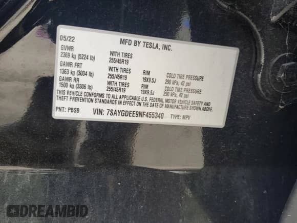 2022 Tesla Model Y Long Range with VIN 7SAYGDEE9NF455340, listed as a Copart auction lot 66966654 with 22,707 mi miles and Salvage title. Bid and sale history available at DreamBid. Image 12.
