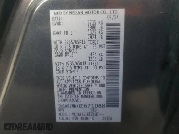 2014 Nissan Pathfinder S with VIN 5N1AR2MNXEC671088, listed as a Copart auction lot 82664625 with 121,492 mi miles and Clean title. Bid and sale history available at DreamBid. Image 13.