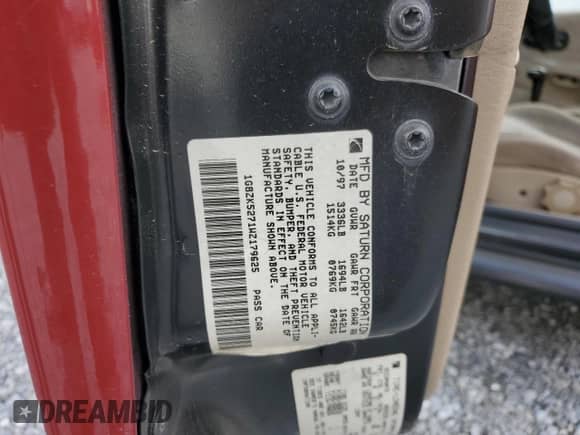 1998 Saturn SL with VIN 1G8ZK5271WZ179625, listed as a Copart auction lot 50878255 with 180,085 mi miles and Salvage title. Bid and sale history available at DreamBid. Image 14.