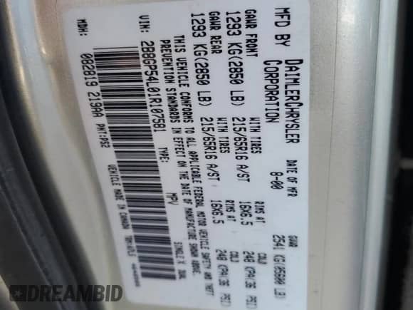 2001 Dodge Caravan ES with VIN 2B8GP54L01R107581, listed as a Copart auction lot 75209744 with 93,086 mi miles and Salvage title. Bid and sale history available at DreamBid. Image 16.
