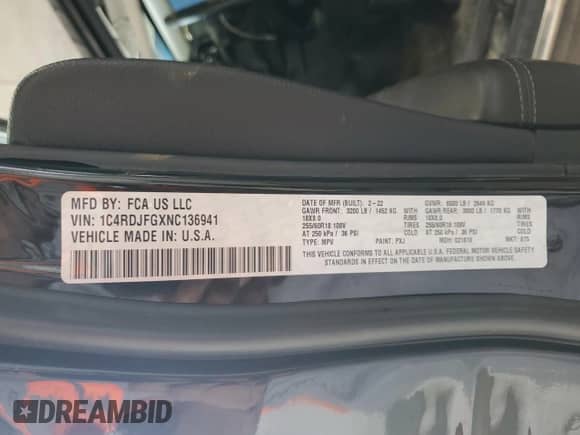 2022 Dodge Durango Pursuit с VIN 1C4RDJFGXNC136941, выставлен на аукционе Copart как лот 59327935 с пробегом 24 065 миль миль и Списание • Salvage title. История ставок и продаж доступна на DreamBid. Изображение 13.