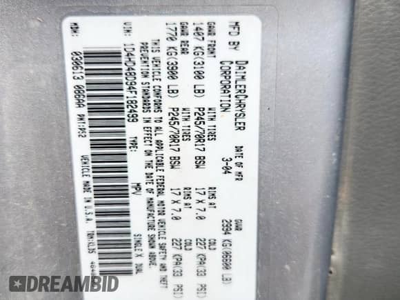 2004 Dodge Durango SLT z VIN 1D4HD48D94F182499, wystawiony jako Copart lot #66541485 z przebiegiem 245 941 mil mil oraz Szkoda całkowita • Salvage title. Historia ofert i sprzedaży dostępna na DreamBid. Obrazek 13.