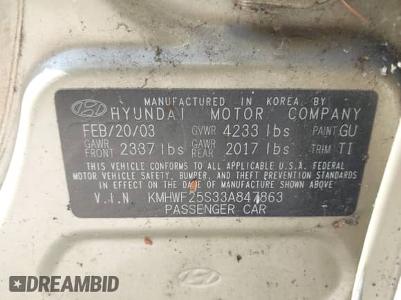 2003 Hyundai Sonata with VIN KMHWF25S33A847863, listed as a IAAI auction lot 42801973 with 100,082 mi miles and . Bid and sale history available at DreamBid. Image 9.